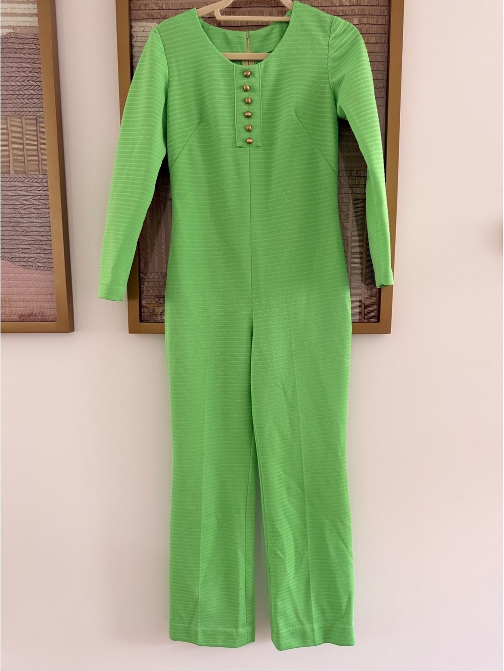 Green Long Sleeve Tailored Jumpsuit with Gold Button Detail